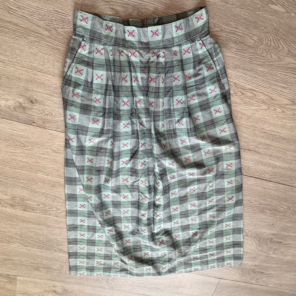 Vintage Norton & Company Plaid Midi Skirt Green Pink Embroidered Size 12 USA